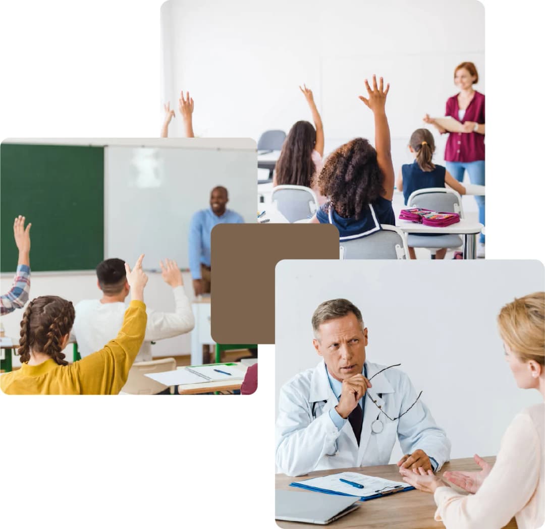 Classrooms with students and a doctor consult