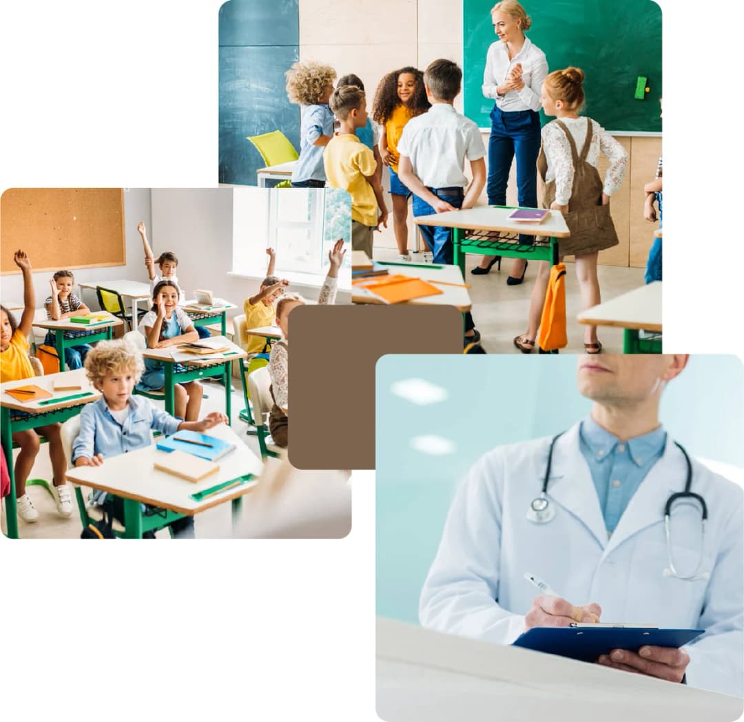 Children in classroom and doctor with clipboard