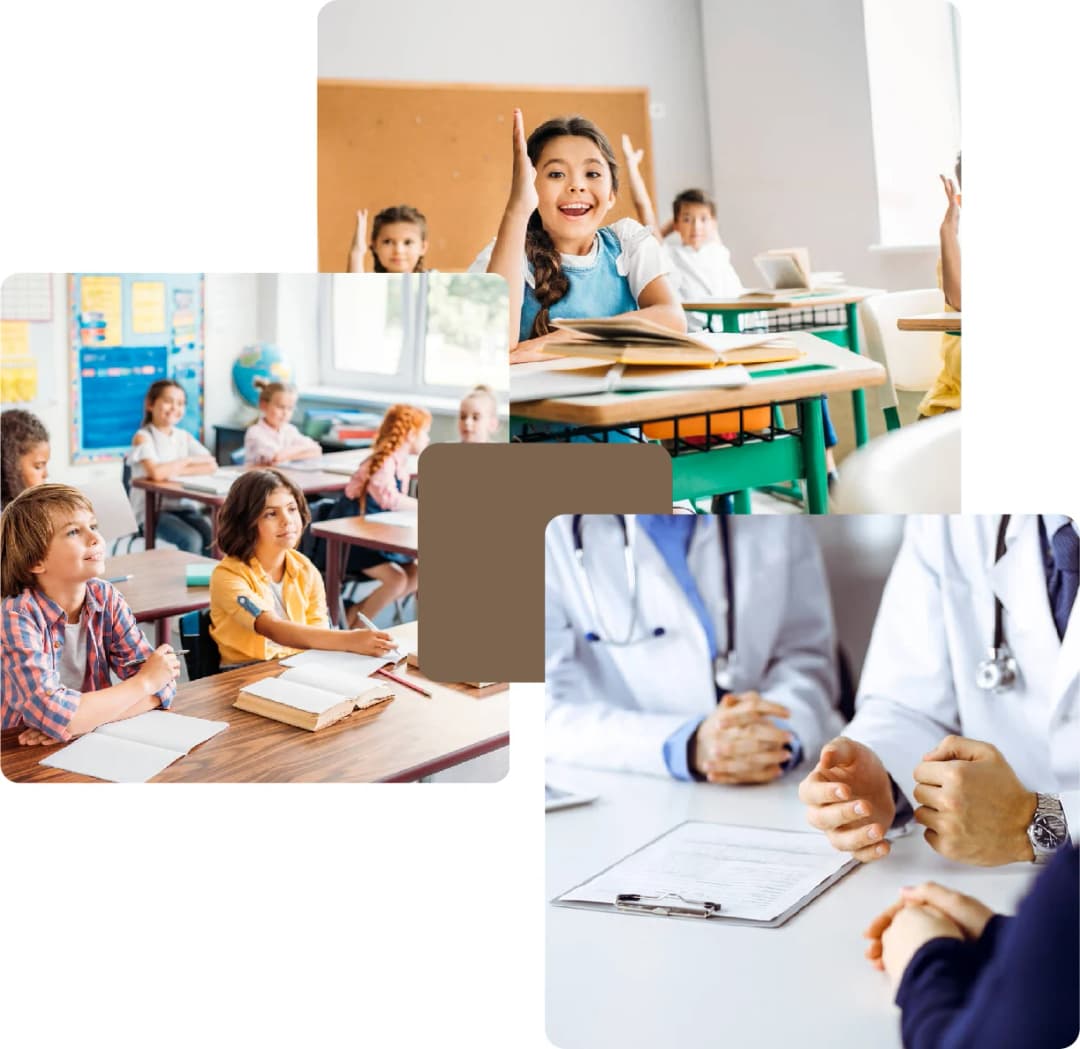 Children in class and doctors in consultation