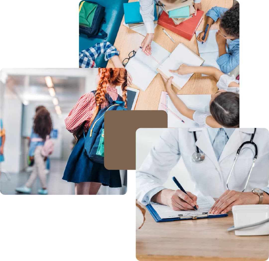 Children walking in school corridor and classroom activities