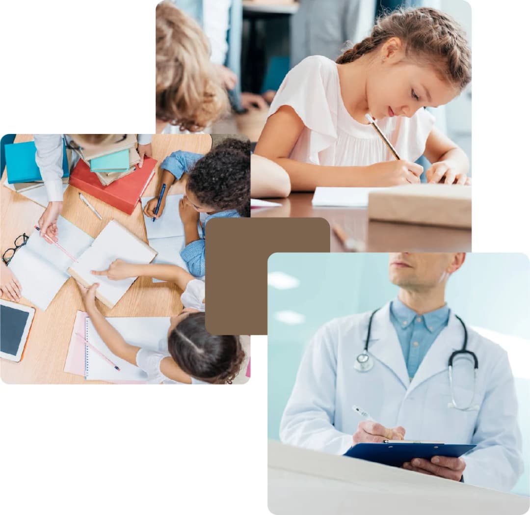 Children in a classroom and a doctor with a clipboard