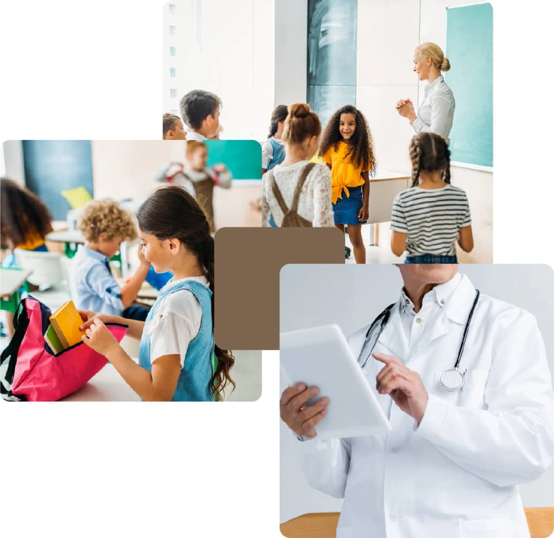 Children in school and a doctor reviewing medical documents