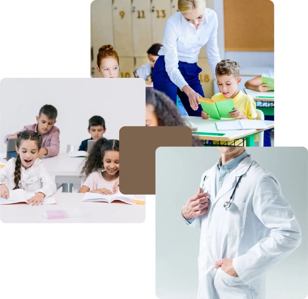 Classroom with children reading and a doctor in a white coat