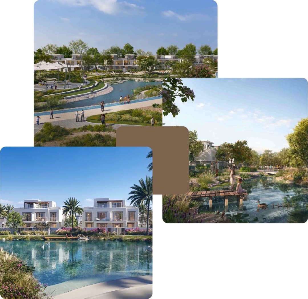 Families walk near tranquil waters and villas