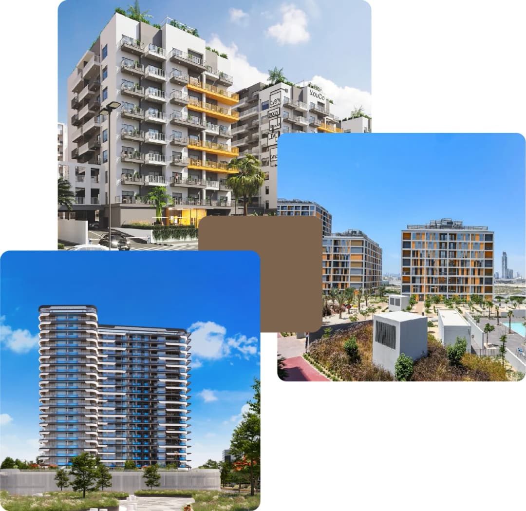 Colorful mid-rise apartments in bright city setting