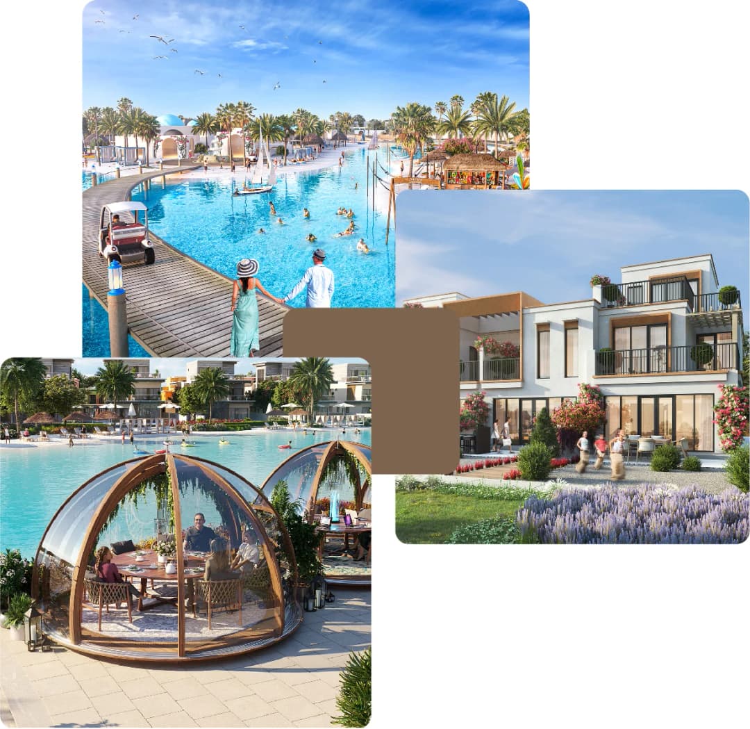 Resort villas with lagoons, domes, and greenery