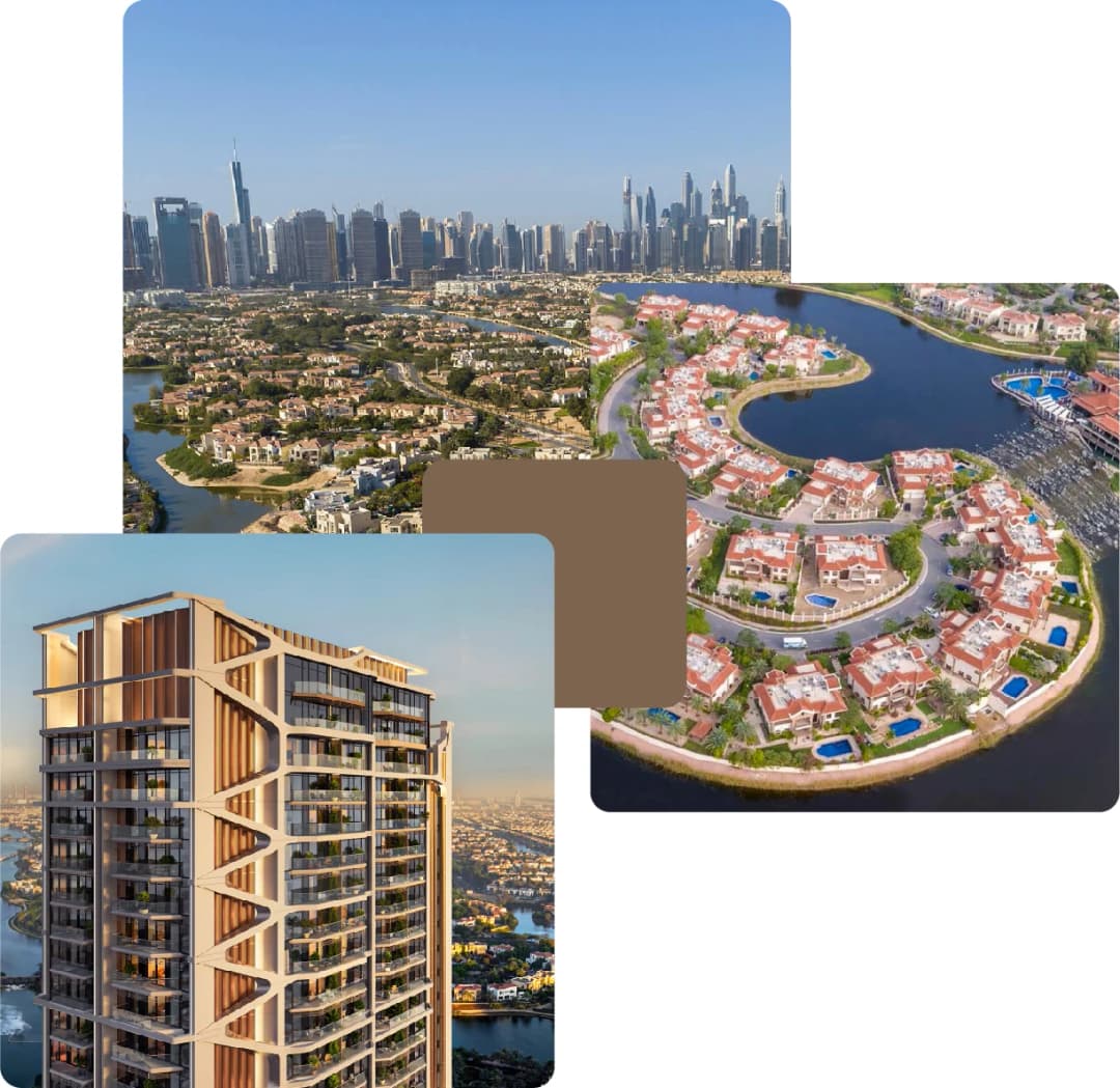 Aerial view of upscale neighborhood with lakes and greenery