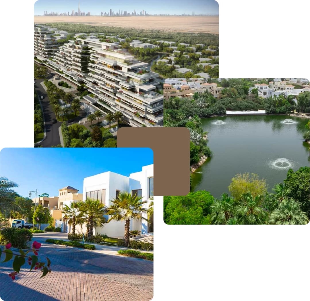 Scenic view of villas, green pathways, and a beautiful water feature