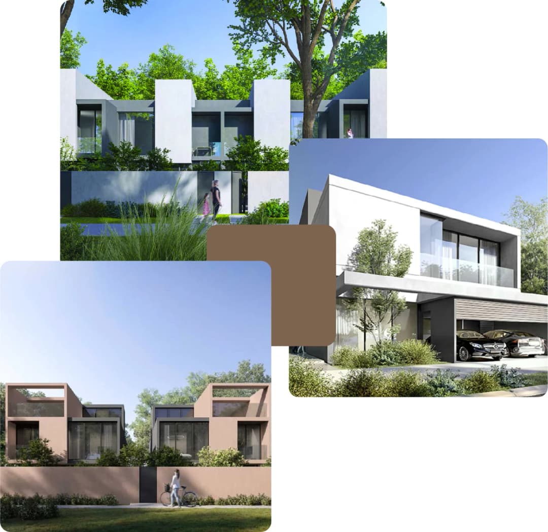 Modern homes with greenery, walking person, and cyclist