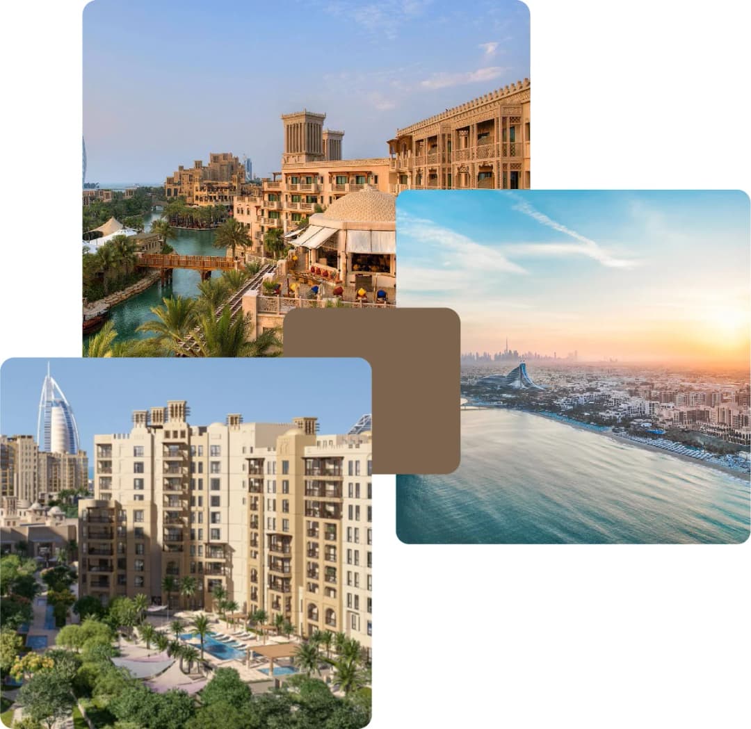 Arabian resort by sea and skyline at sunset