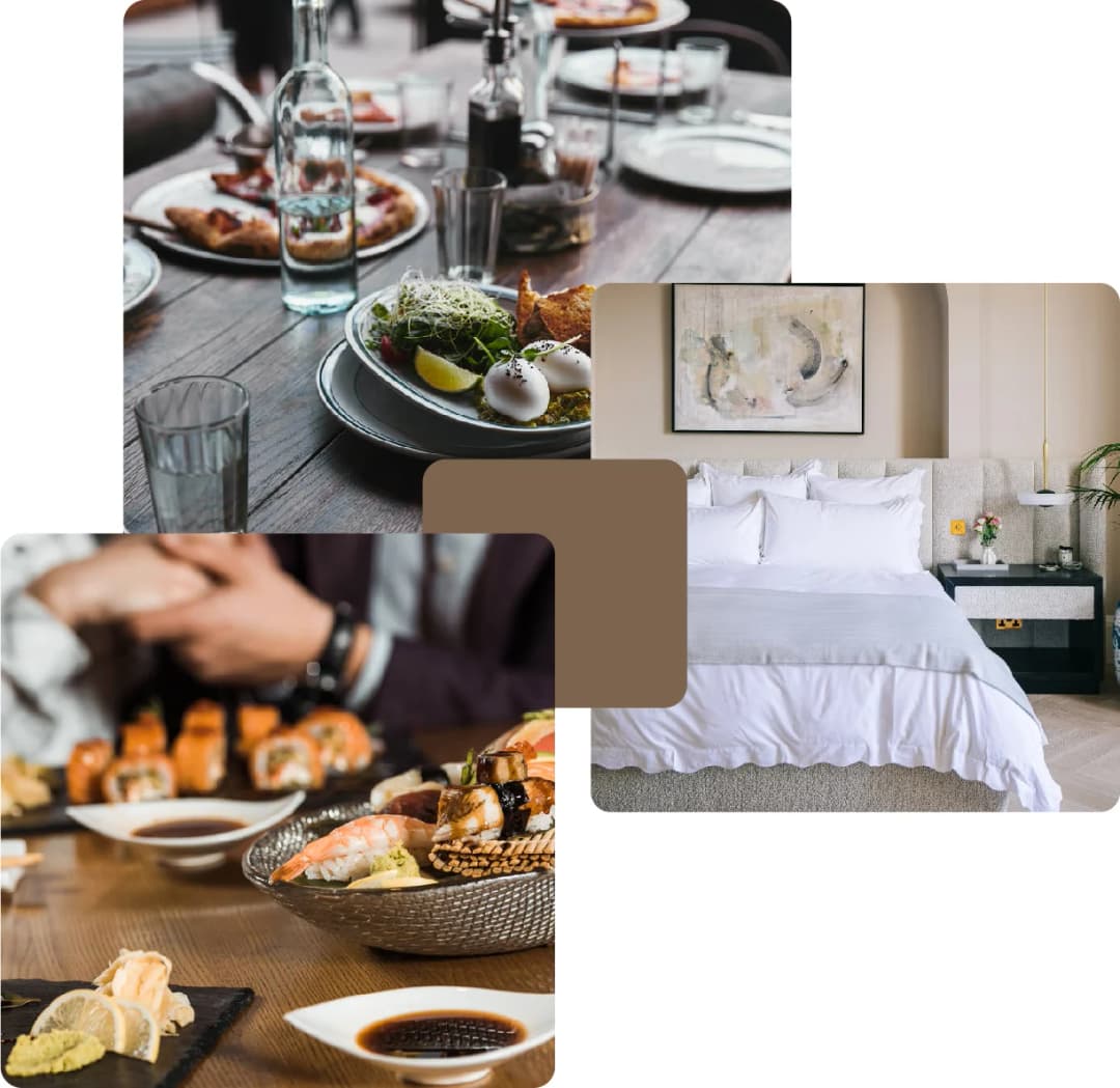 Dining table, sushi meal, and cozy hotel bedroom