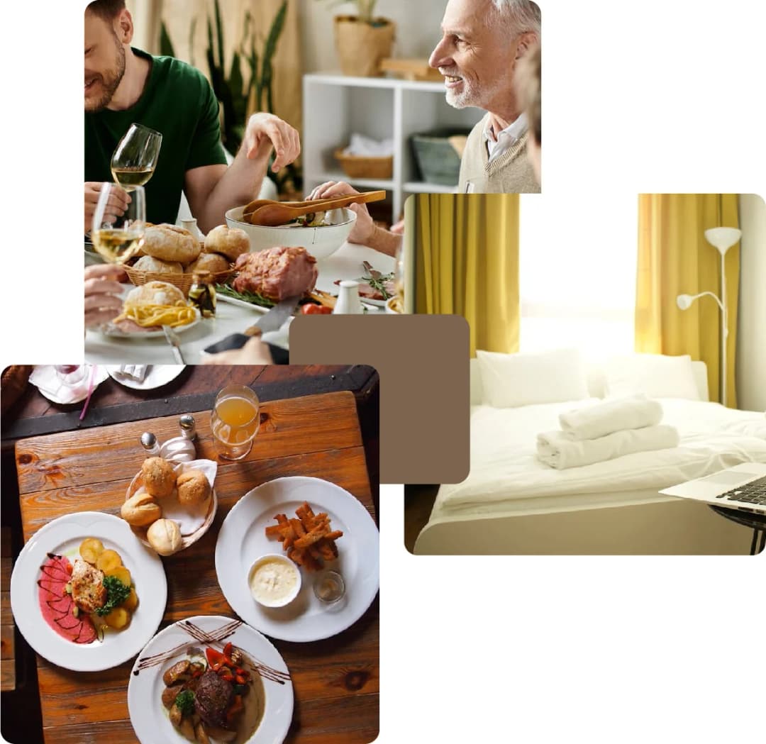 Dining experience, delicious food, and a hotel room