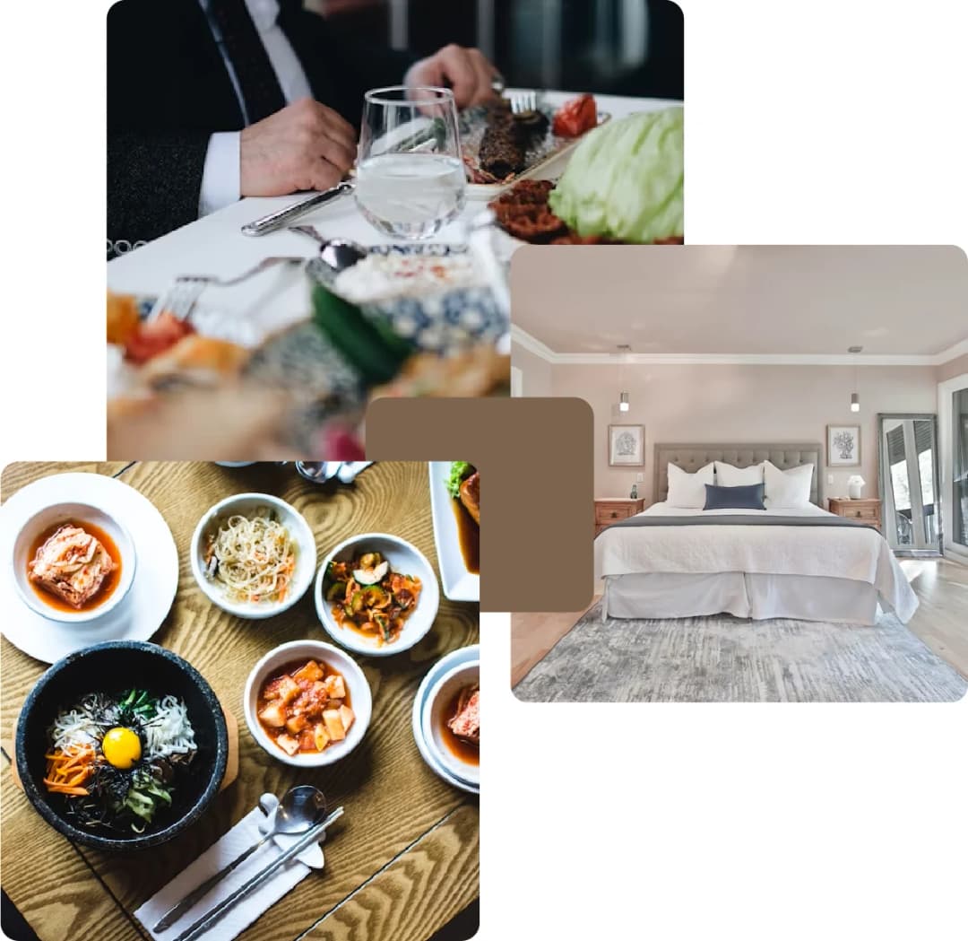 Dining table with food, plates, and a luxurious hotel room