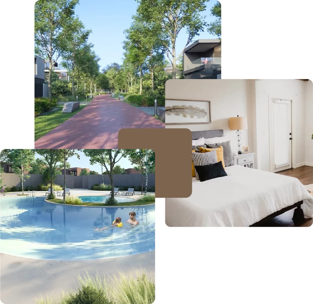 Residential neighborhood with swimming pool and park-like spaces