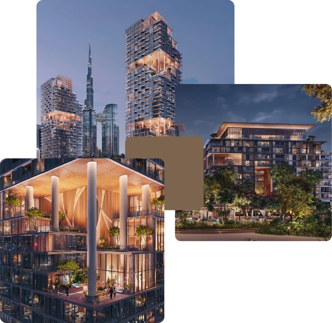 Luxury high-rise towers with city skyline view