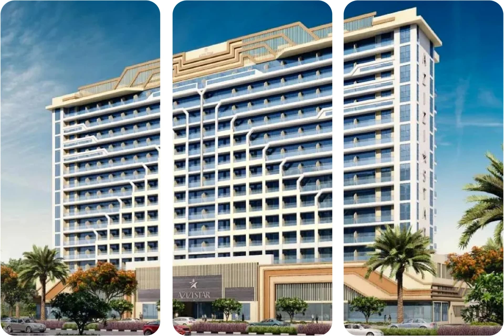 Exterior view of a sleek residential building with modern architecture