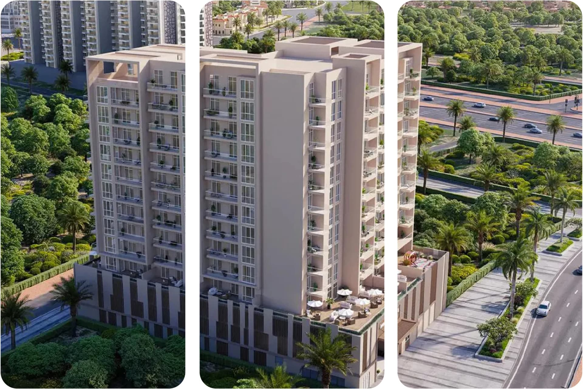 Exterior view of a modern residential building with multiple balconies