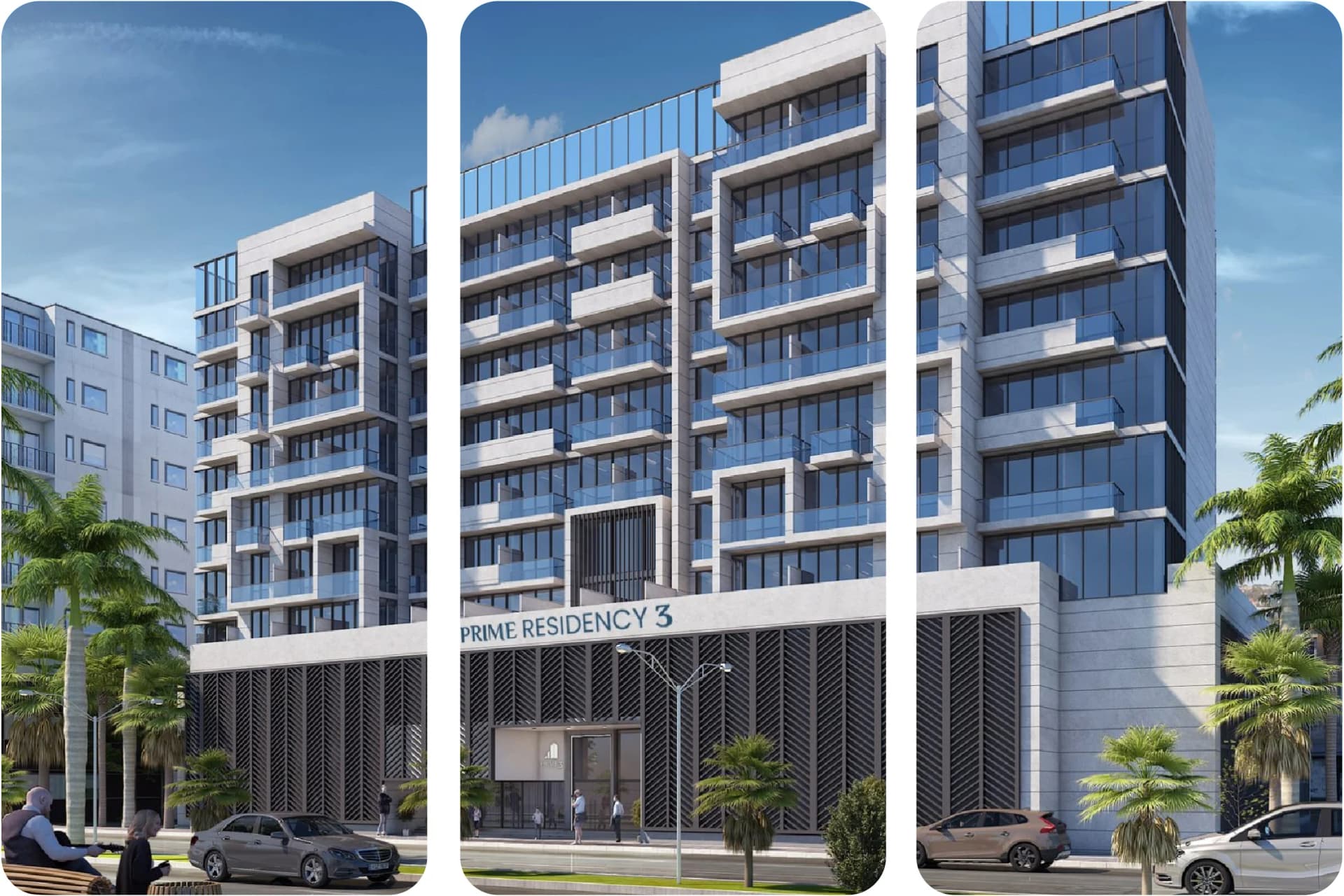 Modern residential building with curved balconies and sleek design