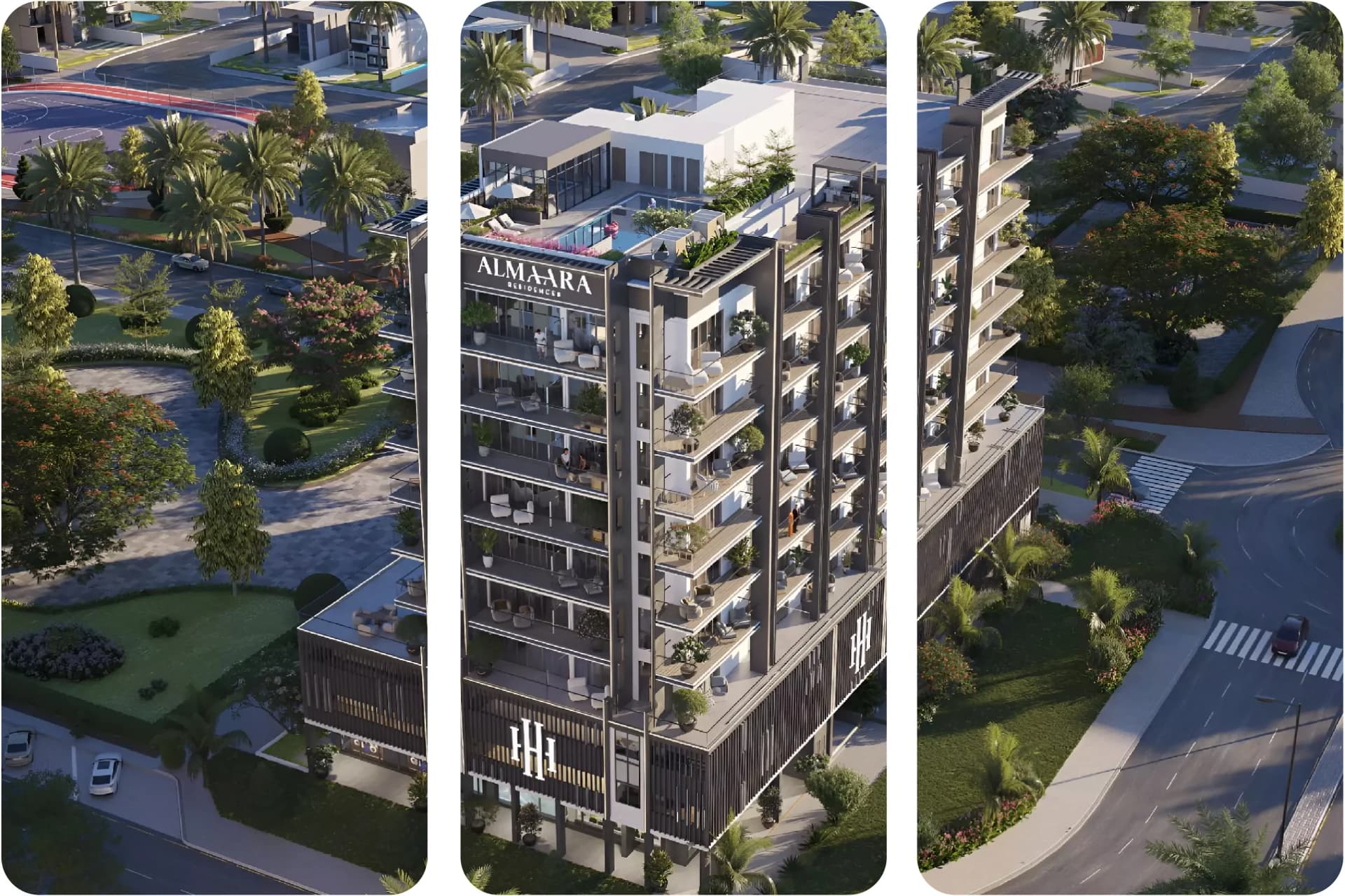 Exterior of luxury residential building with curved design