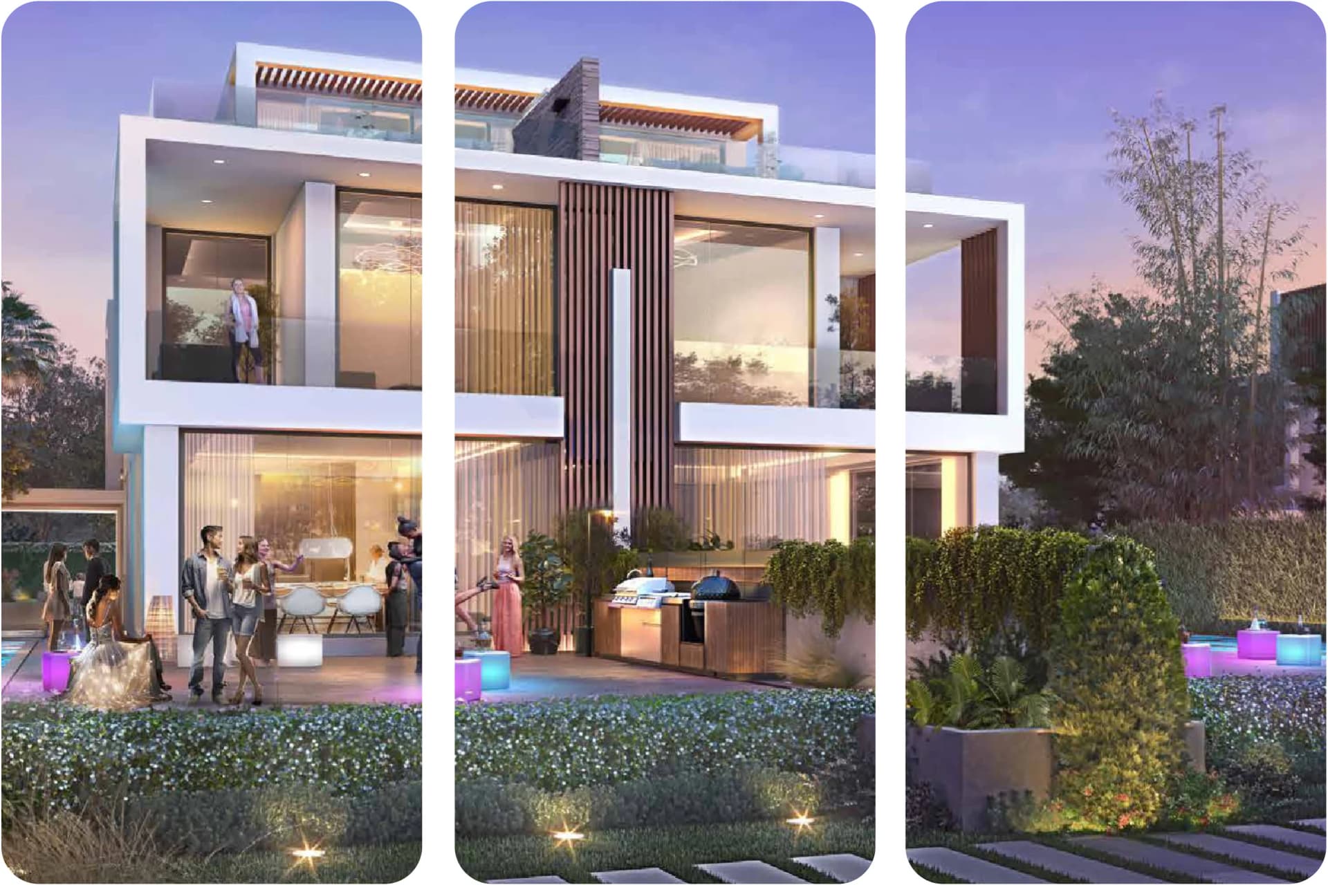 Modern luxury villa with garden, pool, and outdoor seating