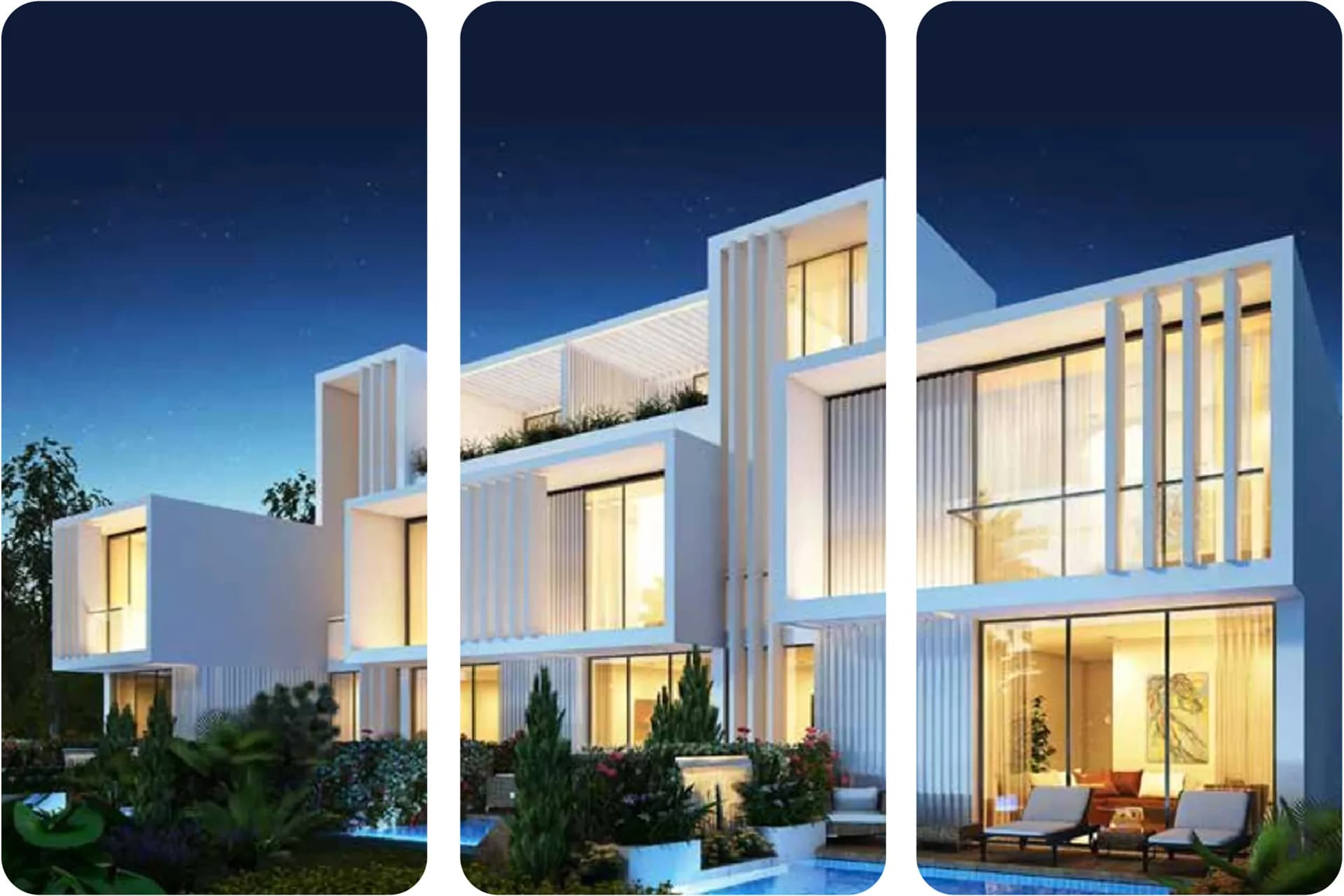 Modern luxury villa with garden, pool, and outdoor lounge
