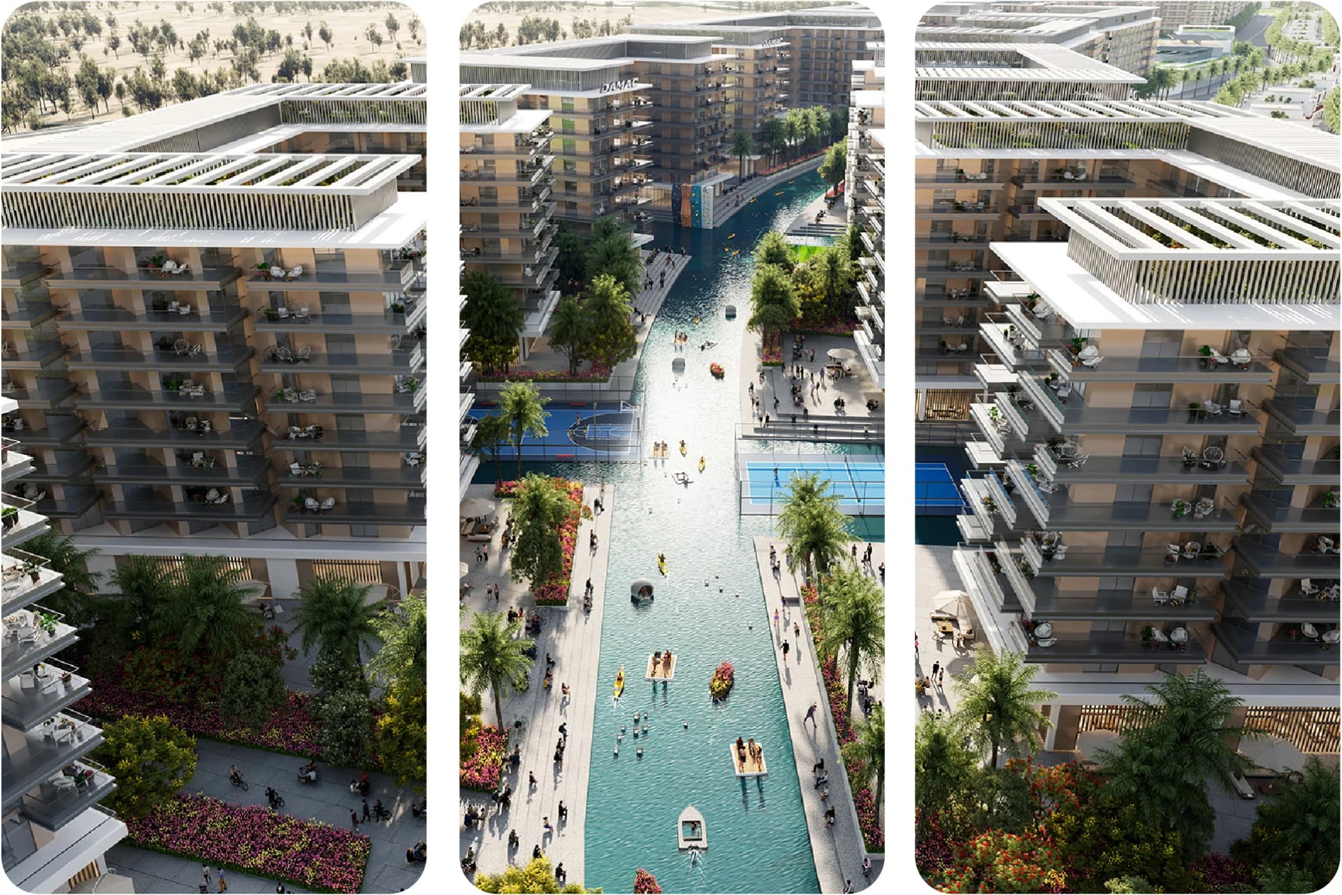 A modern commercial building with a pool and shopping area