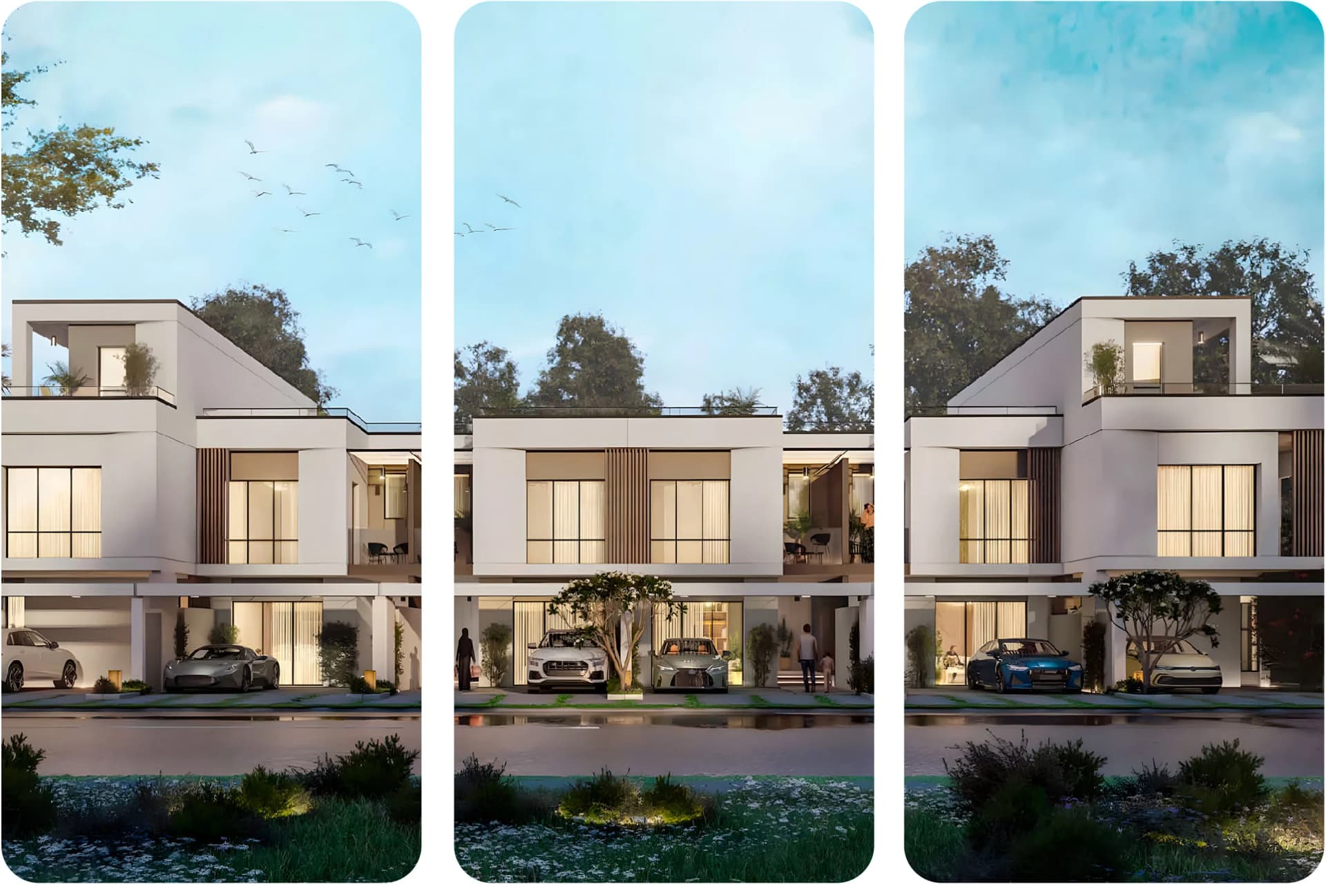 إطلالة على الشاطئ مع خضرة نابضة بالحياة، وفيلات، وأنشطة مائية