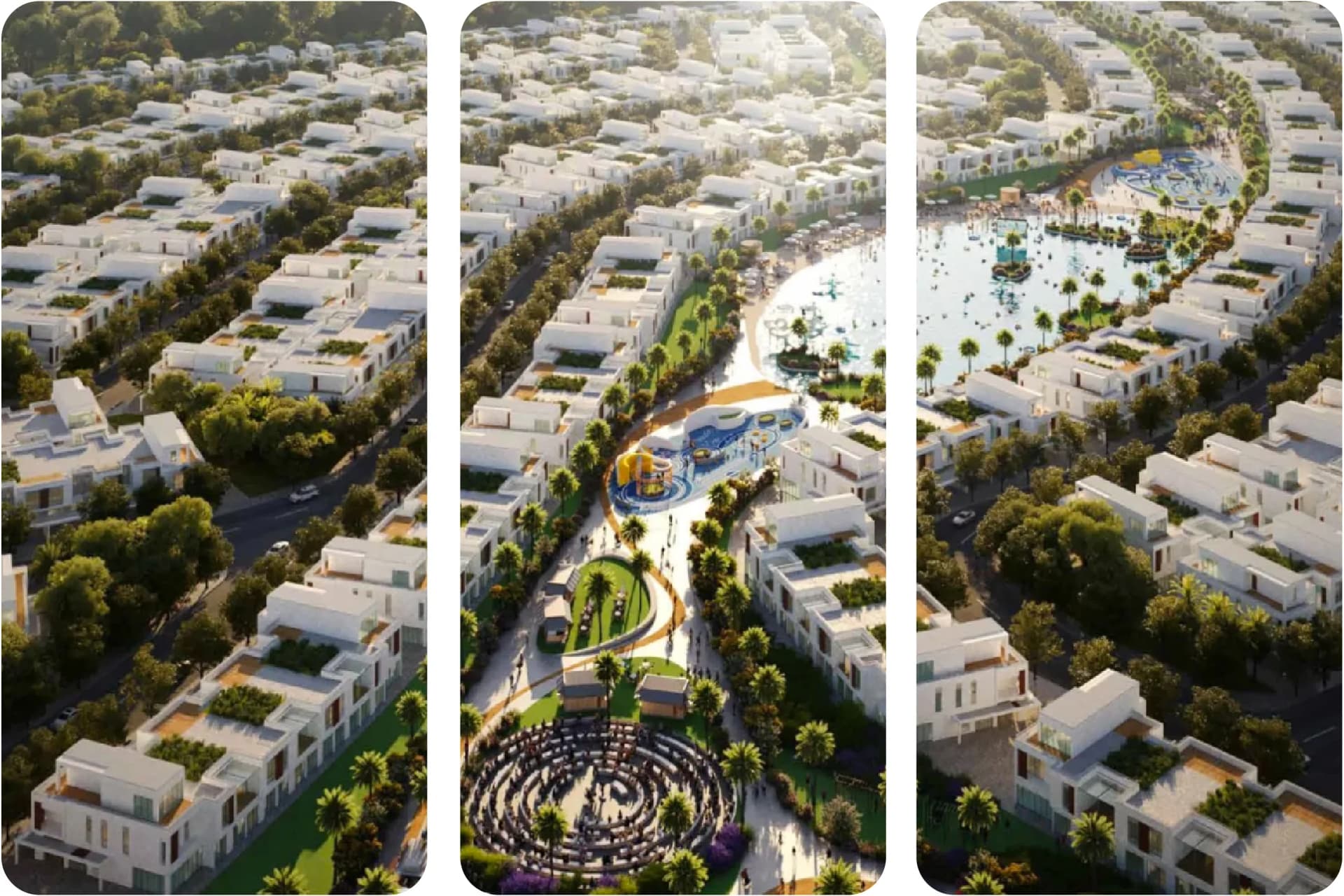 Panoramic view of a resort with beach, villas, and pools