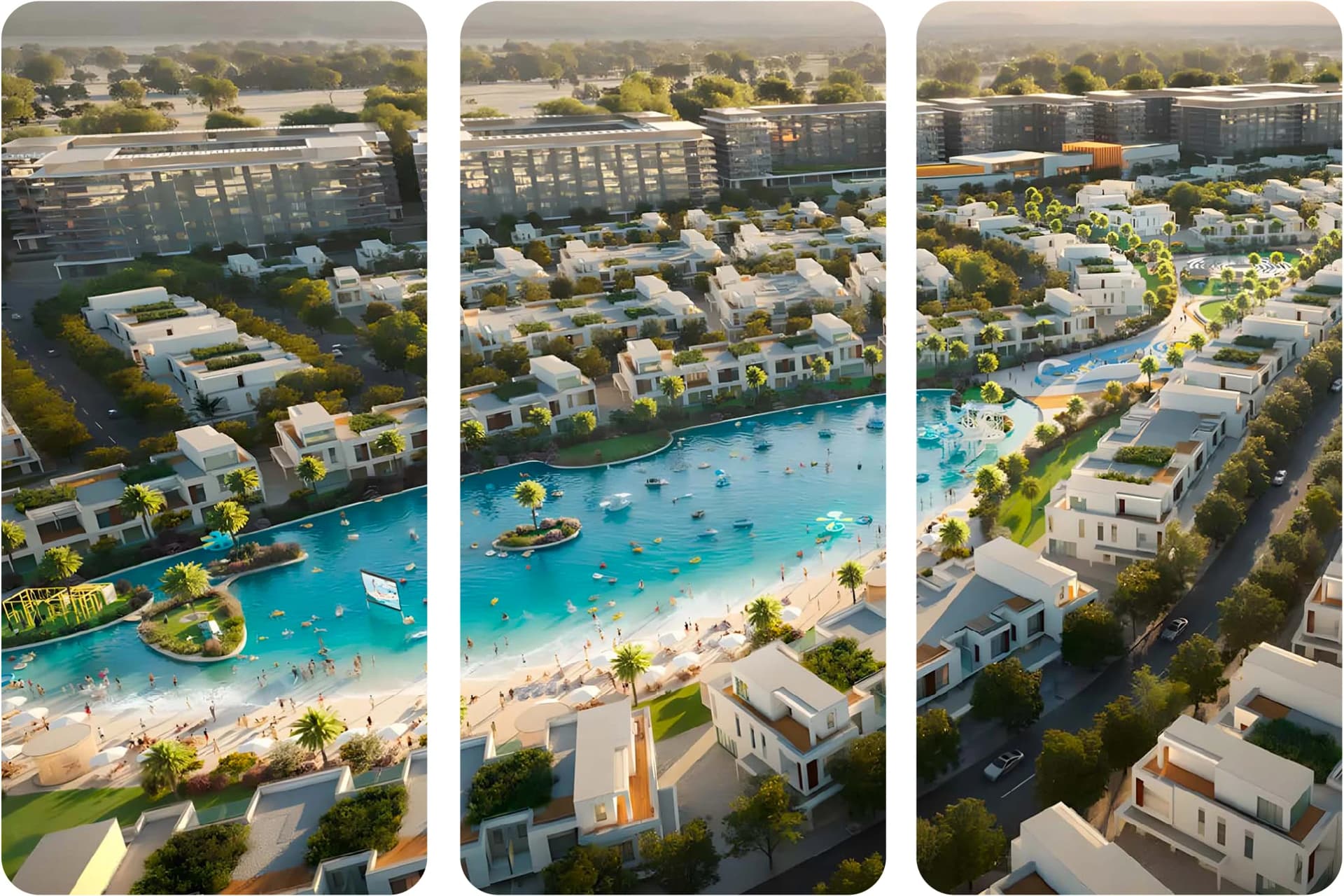 Modern residential complex with lush landscaping and walkways