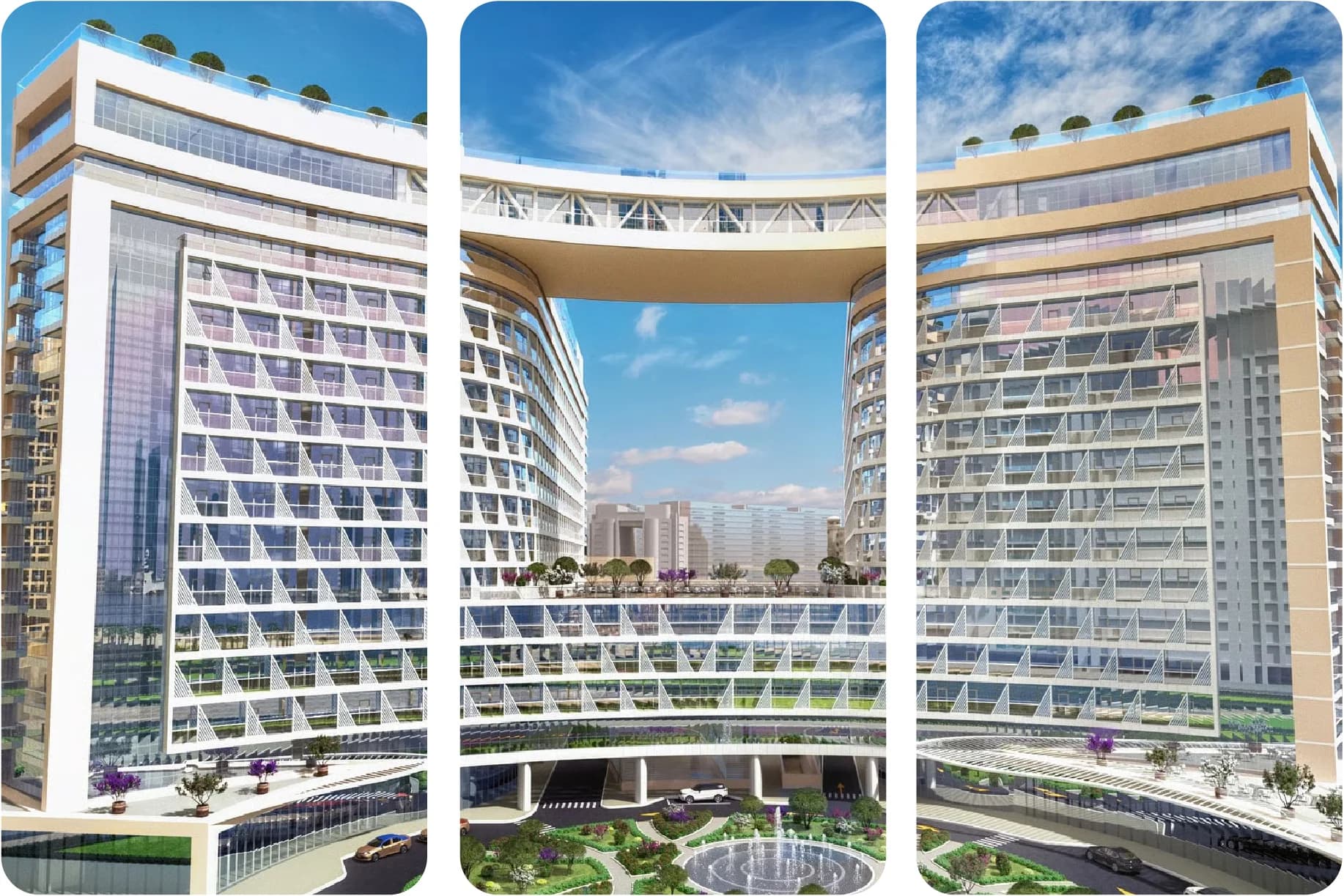 Modern luxury building with balconies and lush surroundings