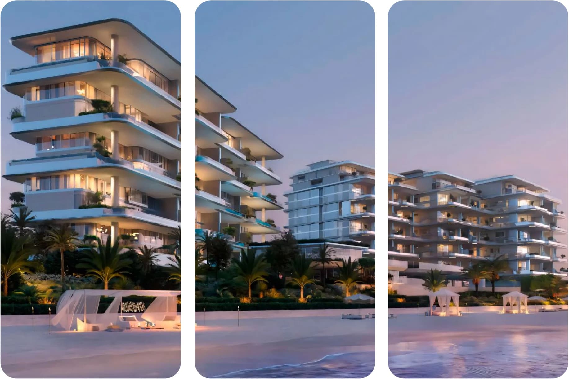 Beachfront property with modern apartments at sunset