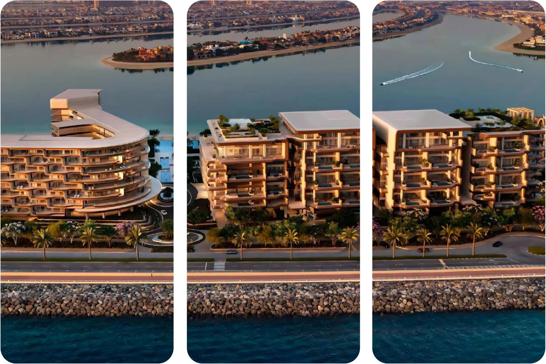 Beachfront apartment building with pools and lush greenery