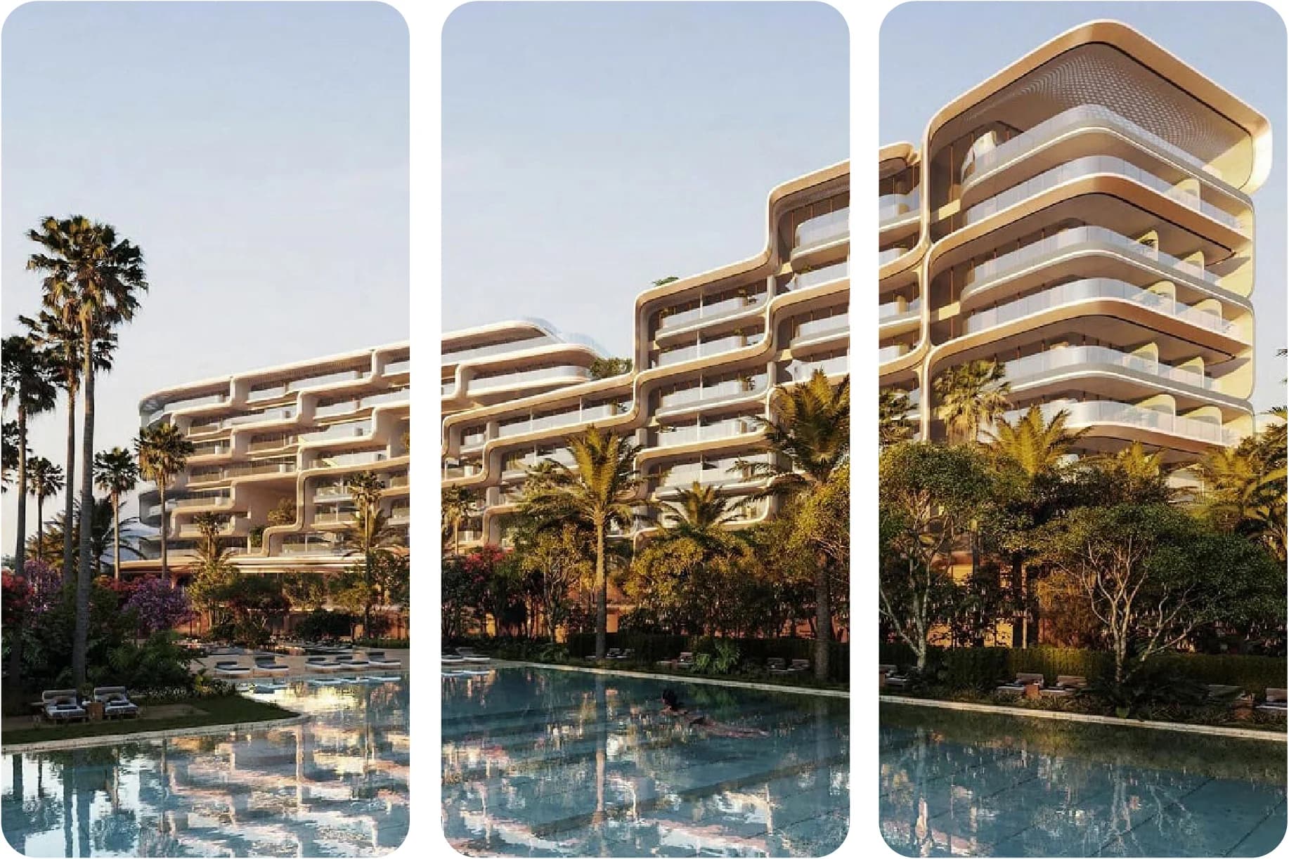 مبنى فاخر حديث مع أشجار النخيل الوارفة وحوض سباحة