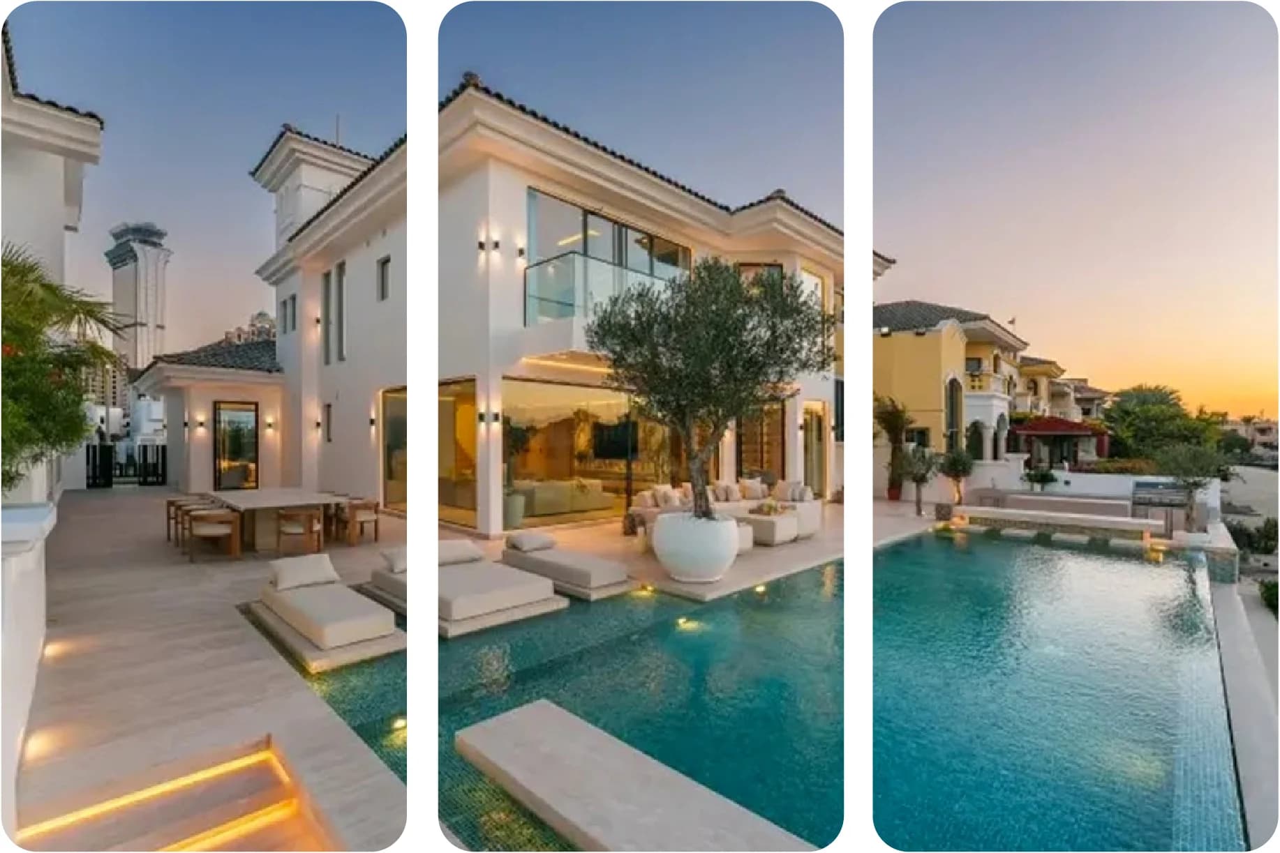 فيلا حديثة فاخرة مع أشجار النخيل ونوافير