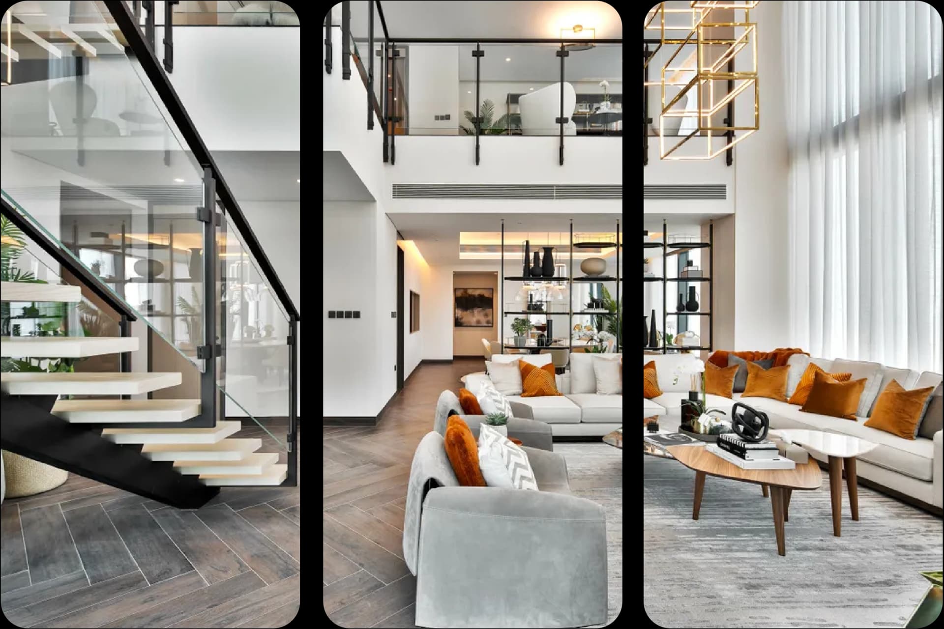 Modern duplex living space with staircase and high ceilings