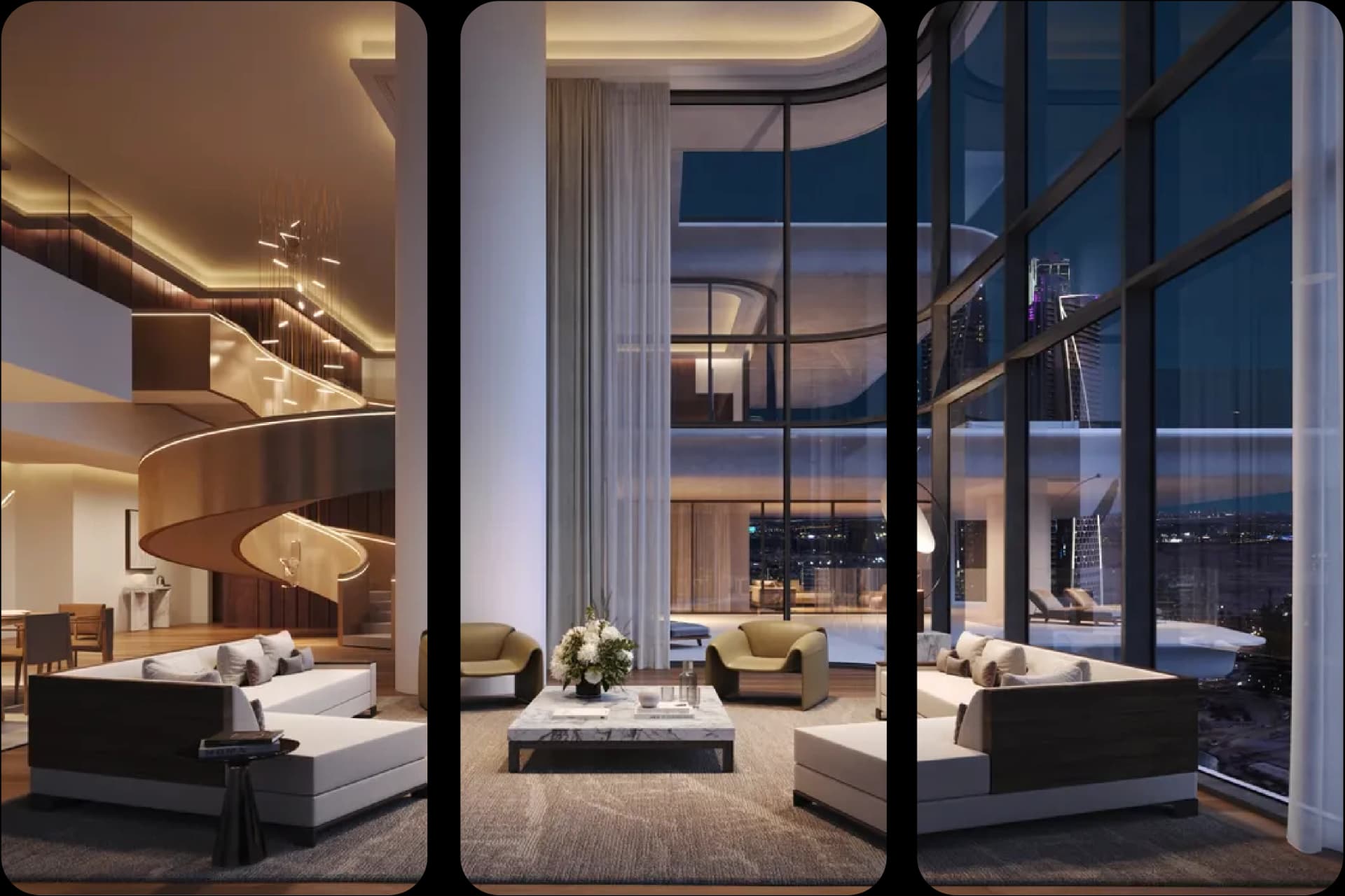 Luxury house view, grand staircase, city lights