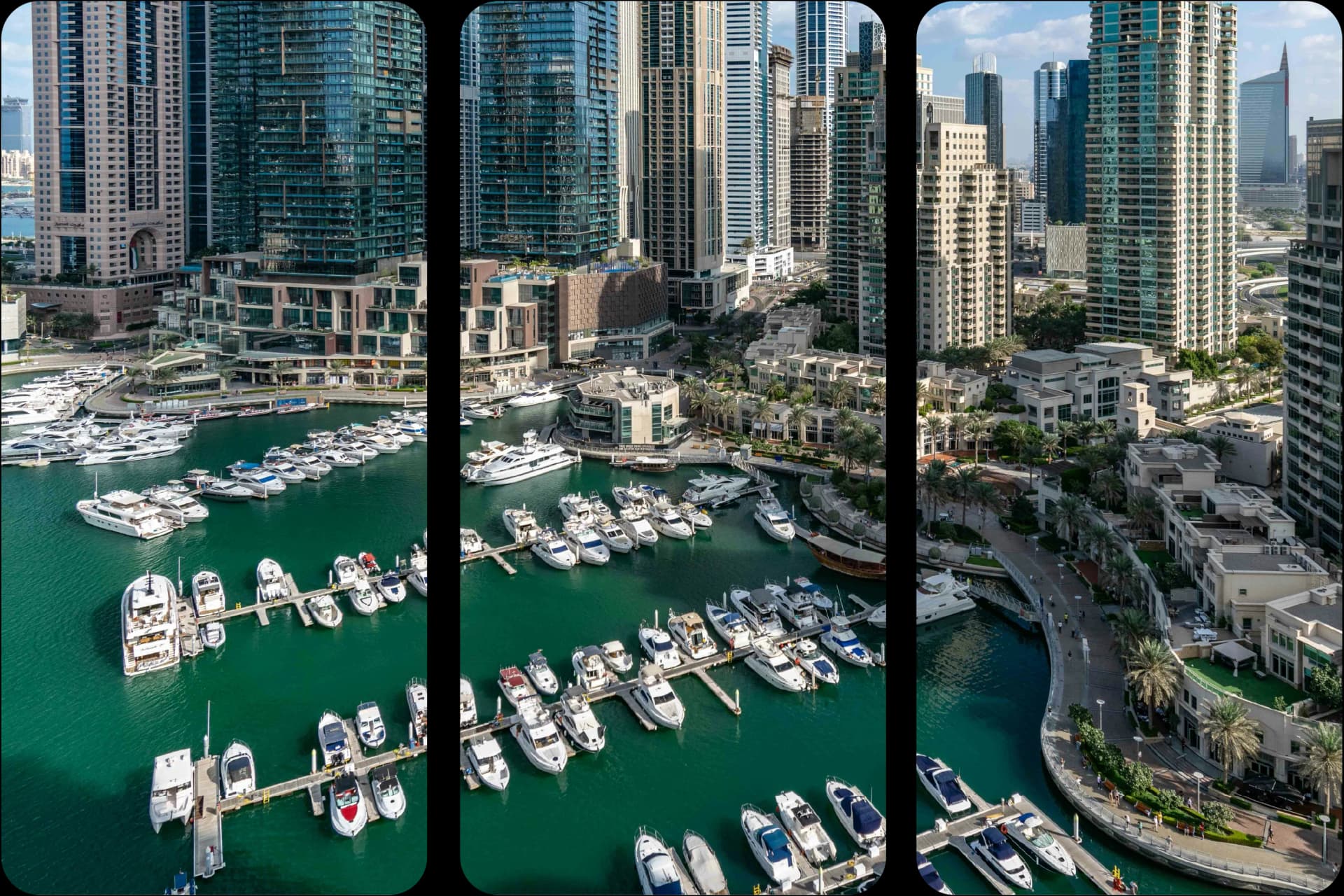 An aerial view of Dubai Marina filled with numerous docked boats