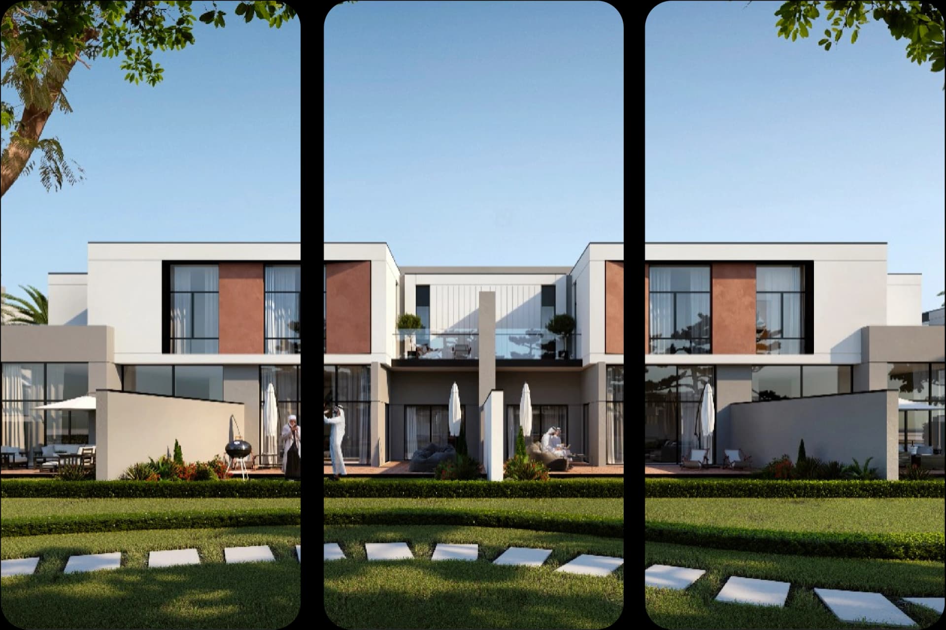 Cozy minimalistic bedroom with city skyline view