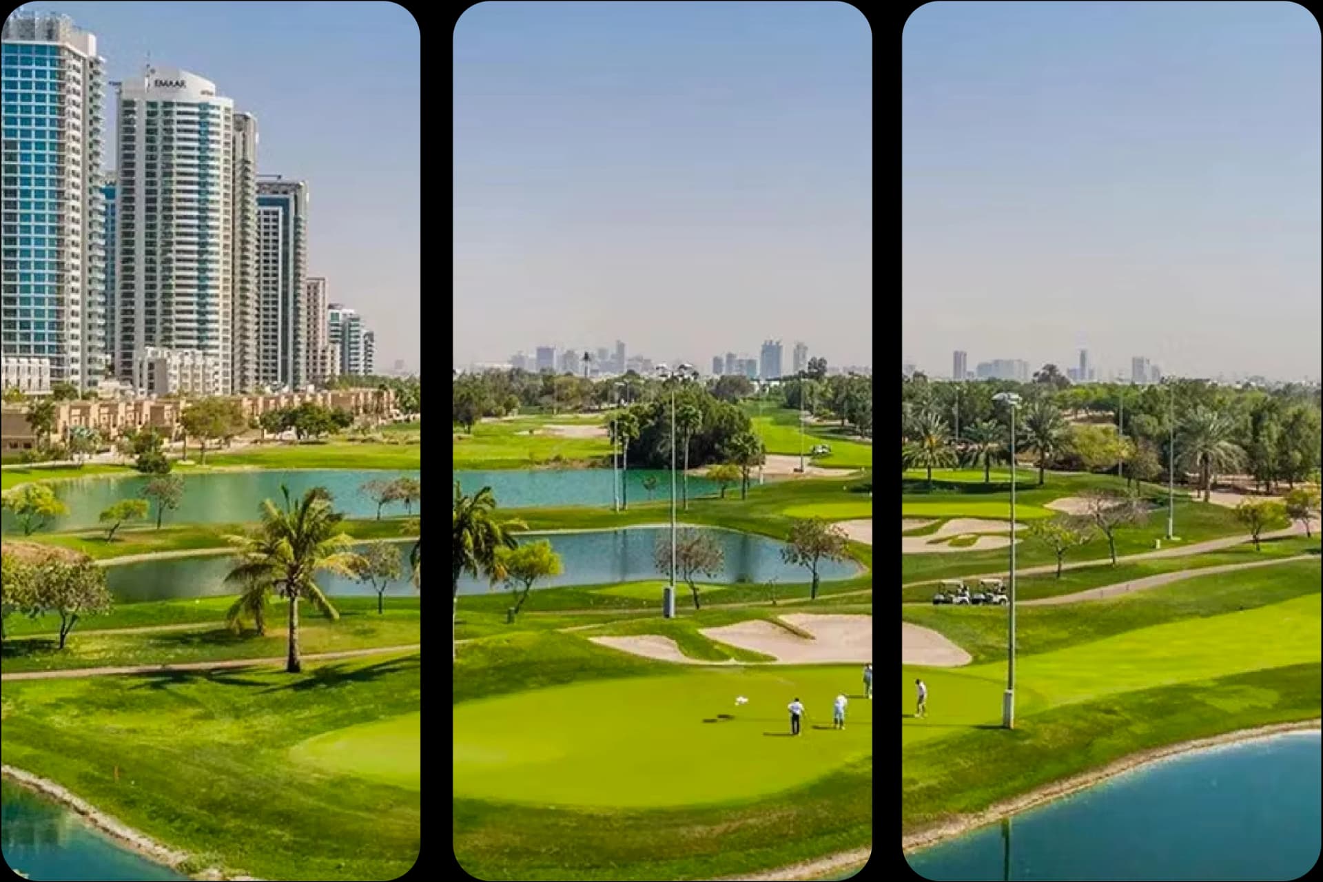Lush golf course with city skyline backdrop