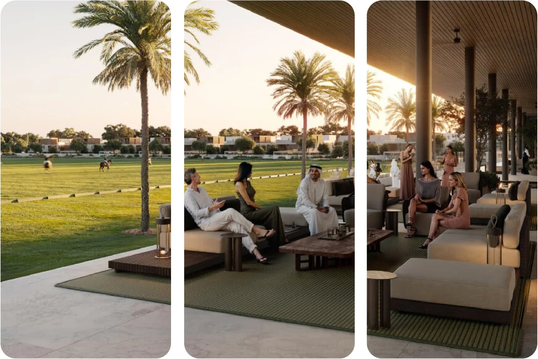 تجمع اجتماعي في صالة خارجية أنيقة مع أشجار النخيل