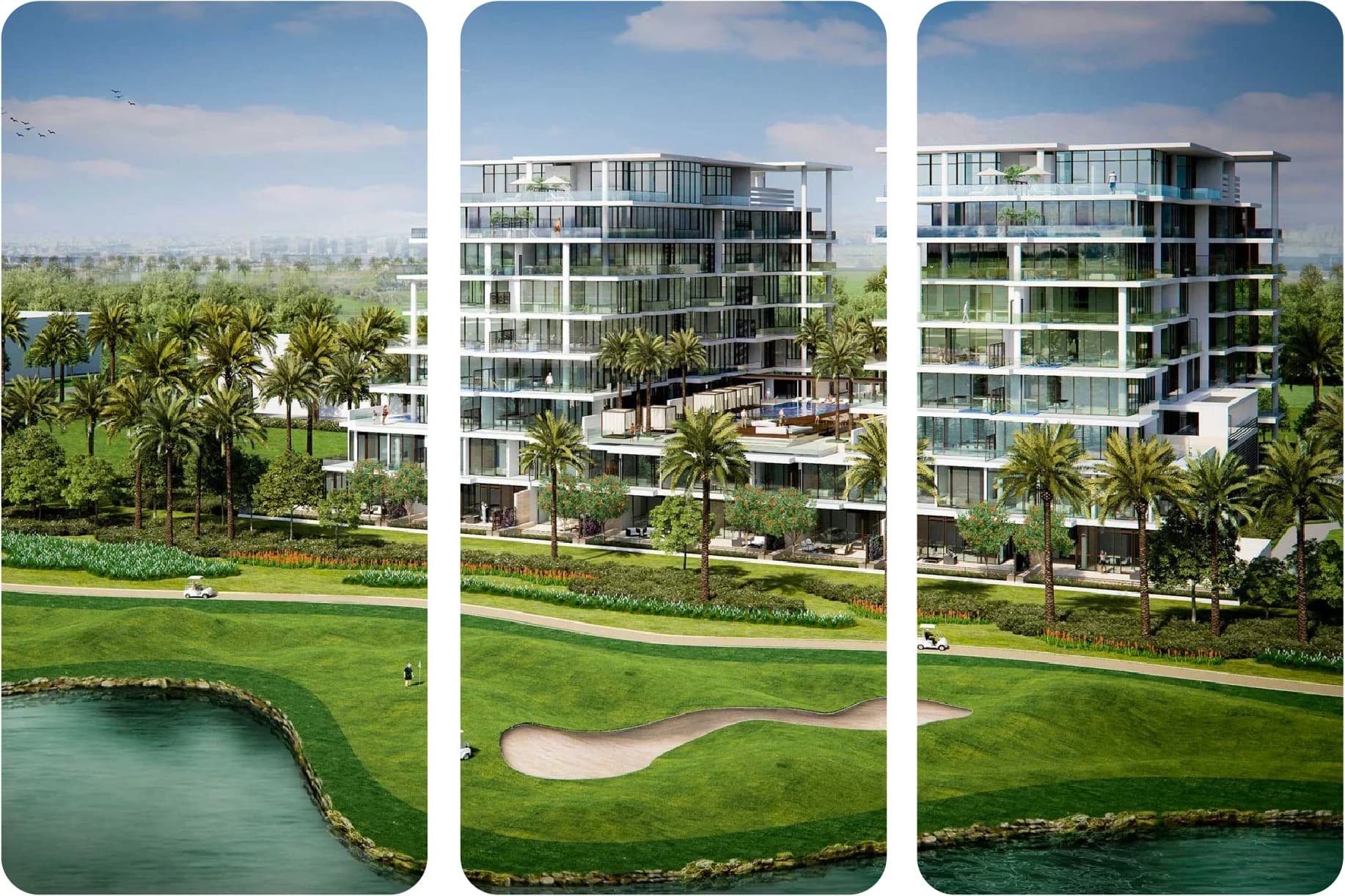 منظر ليلي لبرج سكني أنيق وعالٍ مع أضواء المدينة