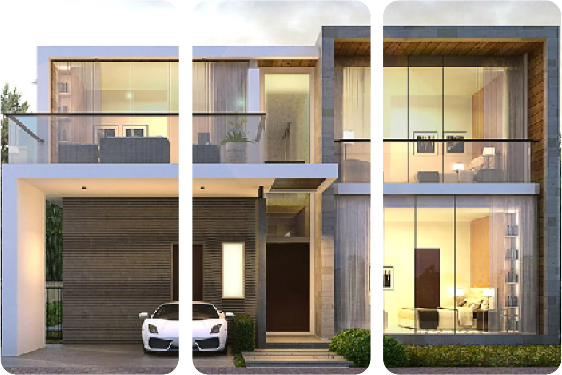 فيلا عصرية بتصميم أنيق وسيارات في الأمام