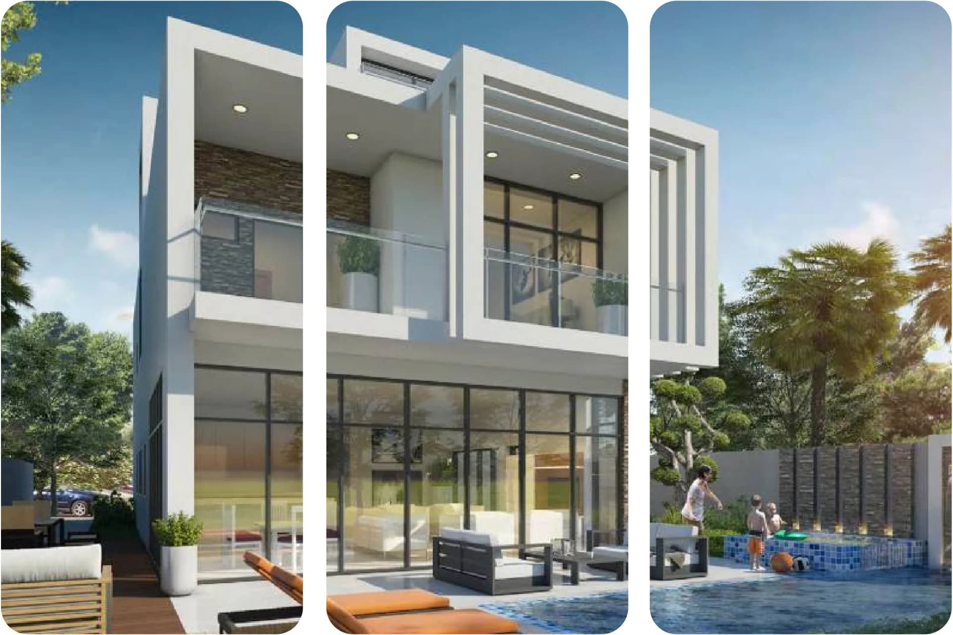 مبنى سكني من ثلاثة طوابق مع نوافذ كبيرة ومساحات خضراء خارجية