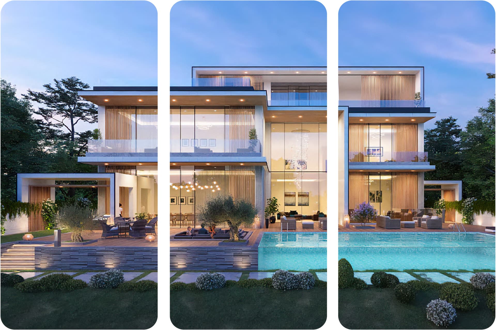 المباني السكنية الحديثة مع مناطق جلوس خارجية ومساحات خضراء