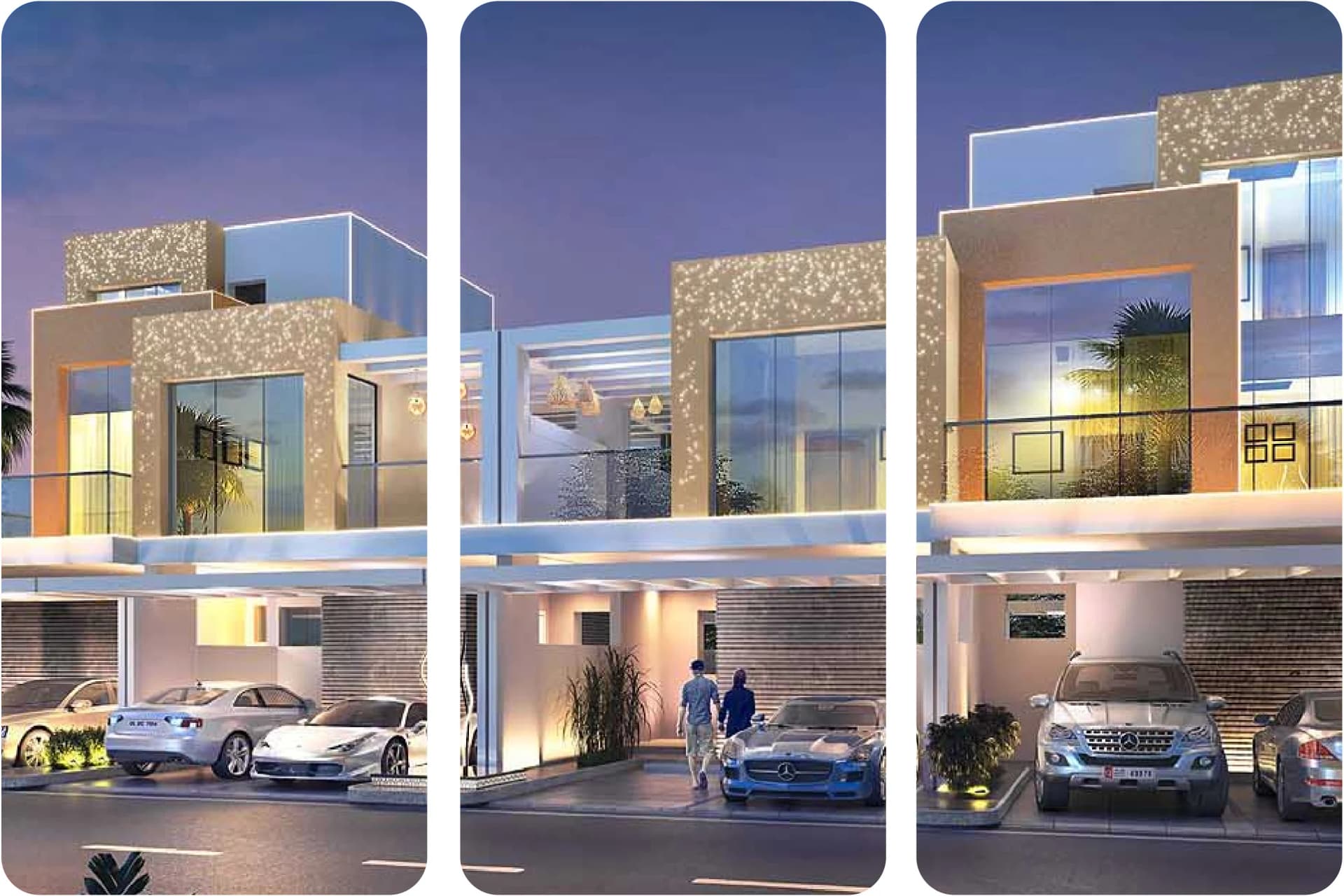 منازل تاون هاوس حديثة مع مناطق جلوس خارجية وحدائق منسقة