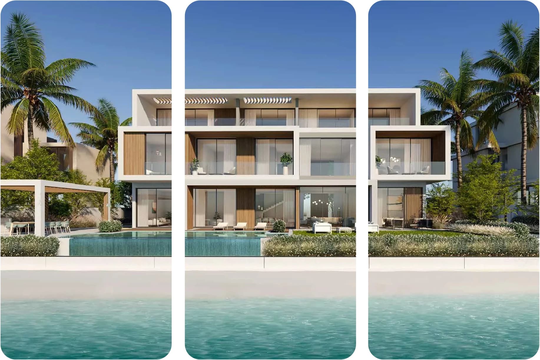 Modern luxury villa with glass windows and lush greenery