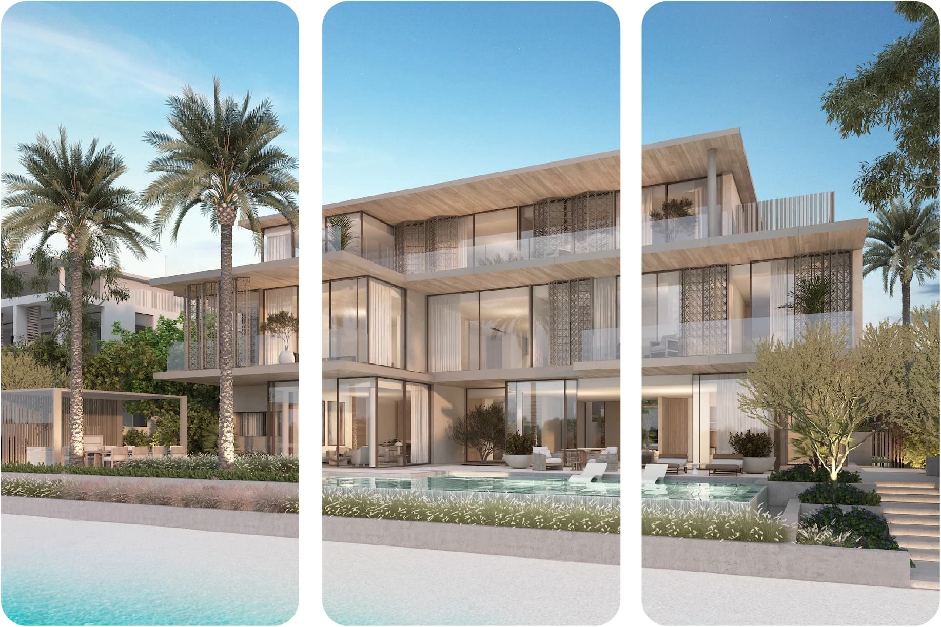 Modern luxury villa with large glass windows and greenery