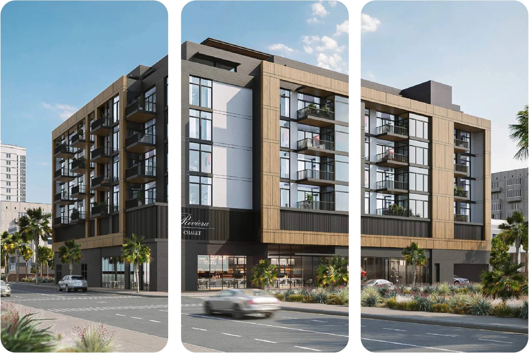 Night view of a luxurious modern building with street view