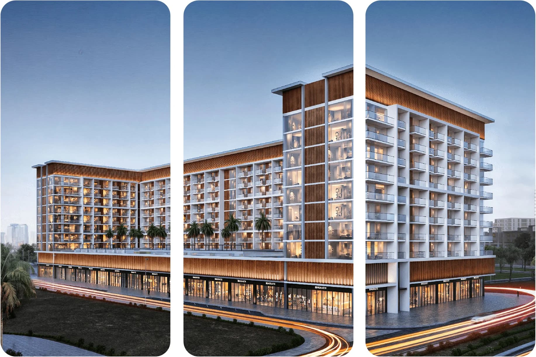 Contemporary apartment building with large windows