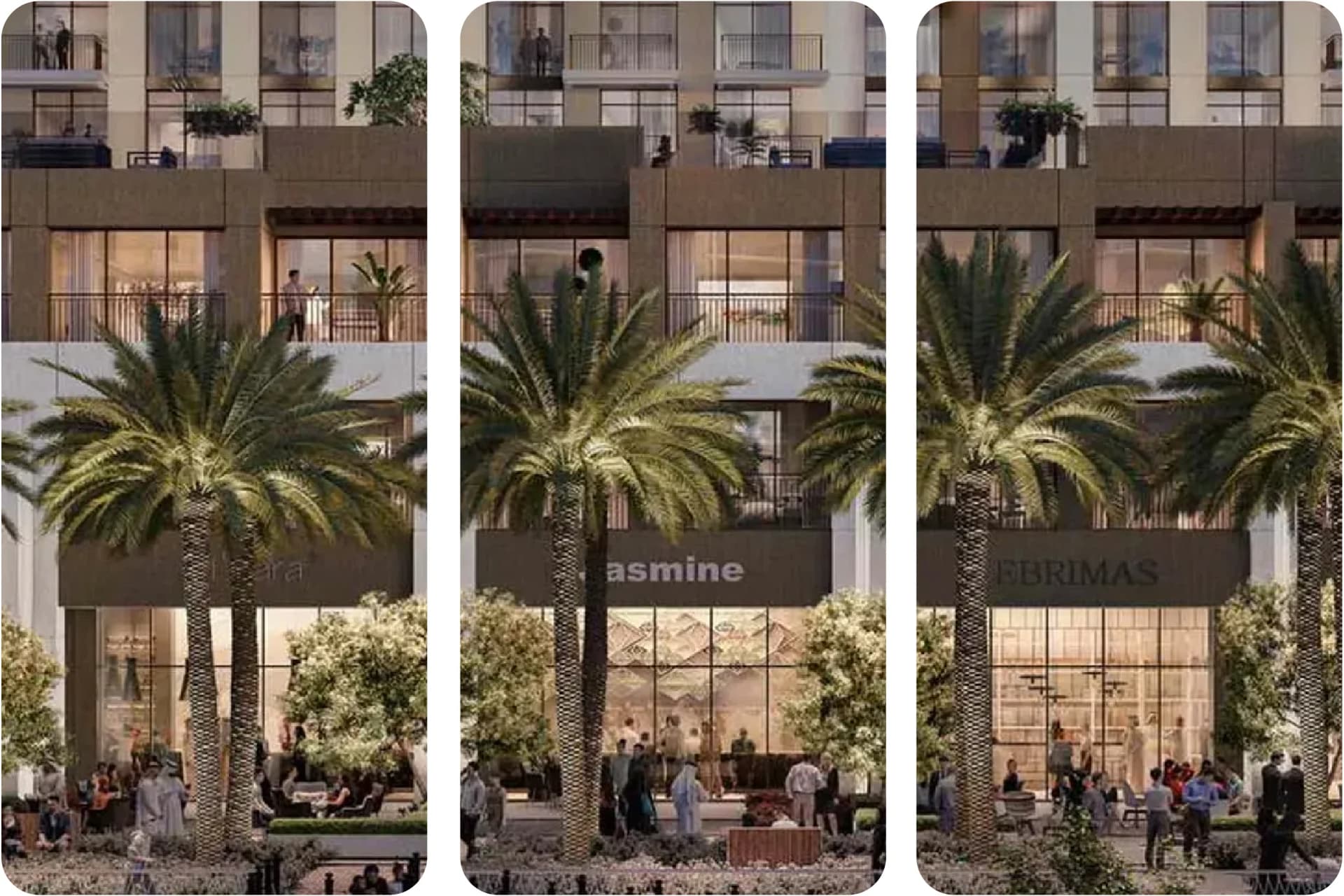 مبانٍ سكنية حديثة وطويلة عند الغسق مع أشجار النخيل